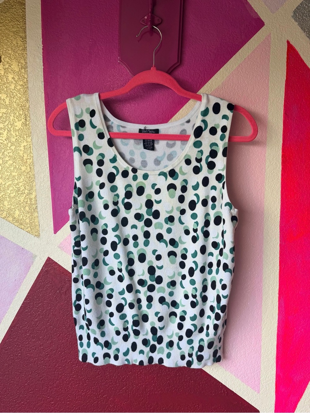 Bob Mackie Studio Knit Tank Top Sz L Green Black Moon Dot Print Vintage